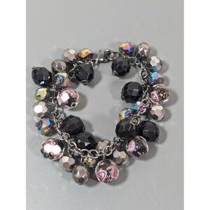 Black Pink Rose Flower BEad Charm‎ ChaCha Bracelet 7.5"